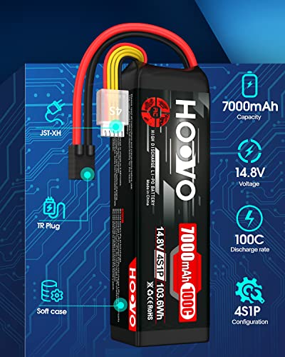 HOOVO 4S 14.8V LiPo Battery 7000mAh 100C RC Battery Soft Case 2 Pack | Metal Plates Softcase battery, Compatible for X-Maxx RC Truck Tank RC Car Racing Hobby