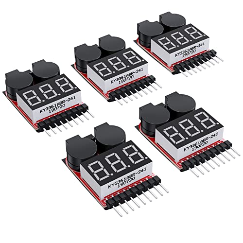 CAMWAY 5PCS 2in1 1-8s Lipo Battery Voltage Tester,RC Low Voltage Buzzer Alarm,Battery Monitor Checker Tester for 1-8s Lipo/Li-ion/LiMn/Li-Fe