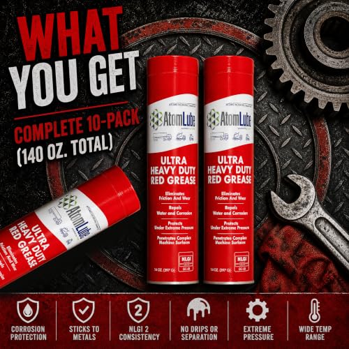 AtomLube Ultra Heavy Duty Red Grease, 10-Pack of 14 oz Tubes | High Temp Waterproof NLGI# 2 Lithium Wheel Bearing Grease for Trucking, Automotive, Trailers, & Agricultral Equipment - size: 10-Pack