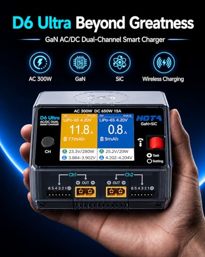 HOTA D6 Ultra GaN+SiC Smart Lipo Charger, 650W DC/300W AC 15A×2 Dual Channel RC Battery Charger for LiPo Life LiIon NiMH Lead Acid 1-6S FPV Drone RC Car Boat with 2.8" Color LCD & Wireless Charging ﻿
