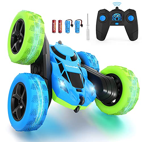 Hamdol Remote Control Car for Kids, 360° Rotating Double-Sided RC Car with LED Headlights, 4WD 2.4GHz Electric Rechargeable Toy Vehicle for Boys and Girls, Perfect Birthday - color: Blue&green, size: Standard (Headlights)