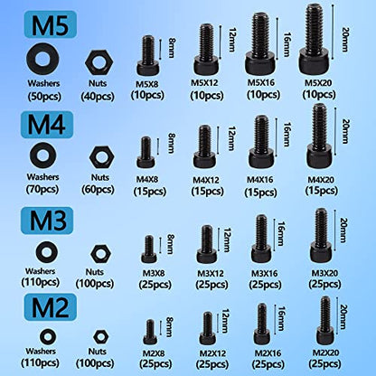newlng Screws Assortment Kit M2 M3 M4 M5 Metric Black Bolts and Nuts Washers Set 945pcs 10.9 Carbon Steel Hex Socket Head Cap Machine Screws,for Metal Wood Plastic DIY Equipment Maintenance DIN912 - size: P-M2345