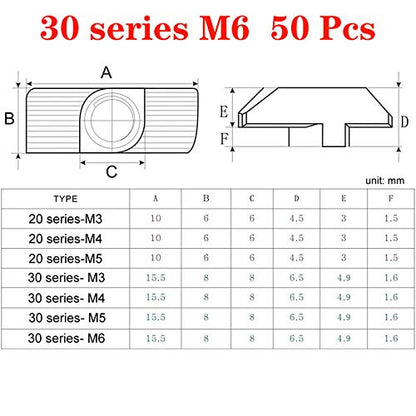 50pcs 3030 Series M6 Thread T Nuts Hammer Head Fastener Nut Sliding T-Nut,Nickel Plated Carbon Steel Nut for 30 Series Aluminum Extrusion Profile T Slot 8mm (3030 Series M6) - size: 3030 Series M6