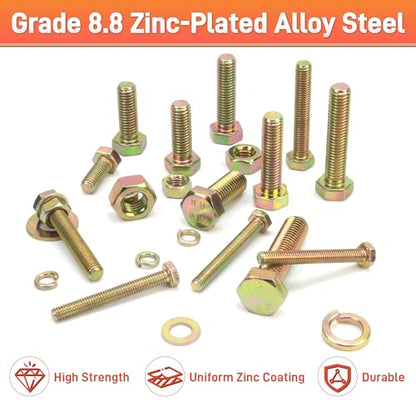 Quibbay 976pcs Nuts and Bolts Assortment Kit, Grade 8.8 Metric Bolt Assortment with Assorted Nuts and Washers, Heavy Duty M6 M8 M10 M12 Hex Bolts and Nuts Kit, Yellow Zinc Plated, Length from 16-50mm - style: 976pcs M6 M8 M10 M12
