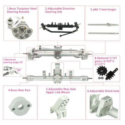 S11 Ultimate Axle with Brass Tungsten Steel Steering Knuckles +11mm Counterweight Front and Rear Axle for Axial 1/24 SCX24 RC Upgrade Parts