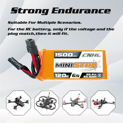 CNHL 1500mAh 6S LiPo Battery 22.2V 120C with XT60 Plug (2 Packs) | High discharge RC battery for FPV racing drones, freestyle quadcopters, RC helicopters, and airplane models.