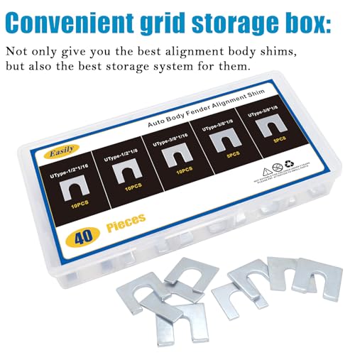40 PCS Auto Body Fender Alignment Shim 1/16" & 1/8" Thick- 3/8" & 1/2" Slot Automotive Alignment Shim Assortment Kit