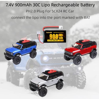 SCX24 Battery 7.4V 900mAh Li-Po Battery with PH2.0 Plug for SCX24 RC Car Most 1/10, 1/16, 1/18, 1/24 Scale RC Trucks with Charger Cable