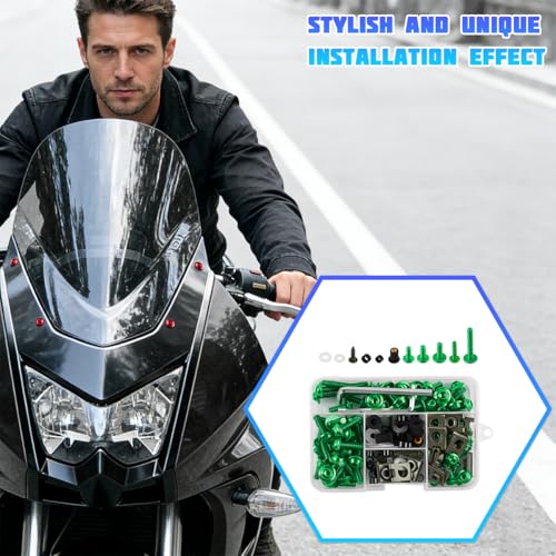 195PCS M5 M6 Motorcycle Fairing Bolt Kits, Stainless Steel Windshield Fairing Screws Fastener, Motorbike Windscreen Bolts Nut Clips Kit, Universal for Dirt Bike Scooters Motocross (Green) - color: Green