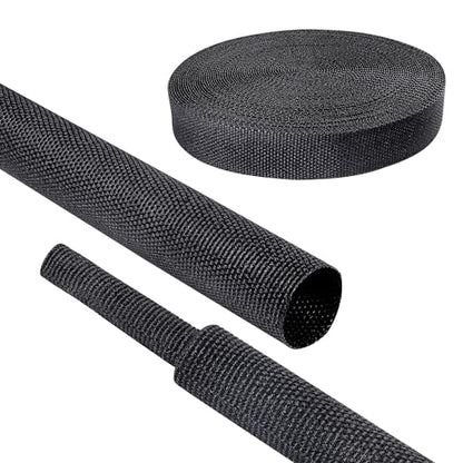 2:1 Ratio Automotive Heat Shrink Braided Sleeving 1/2''-26ft | Black 2 in 1 Ratio Wear-Resistant Flat Woven Heat Shrinkable Sleeve Fabric for Car Cable Wires Hoses Cord Protection - size: 1/2"-26ft