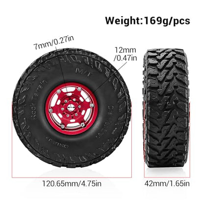 1.9" Beadlock Wheels and Tires 121mm (4.75in) for TRX4 SCX10 1/10 RC Crawler Upgrade Parts (Red-3, 4Pcs) - color: Red+P tires