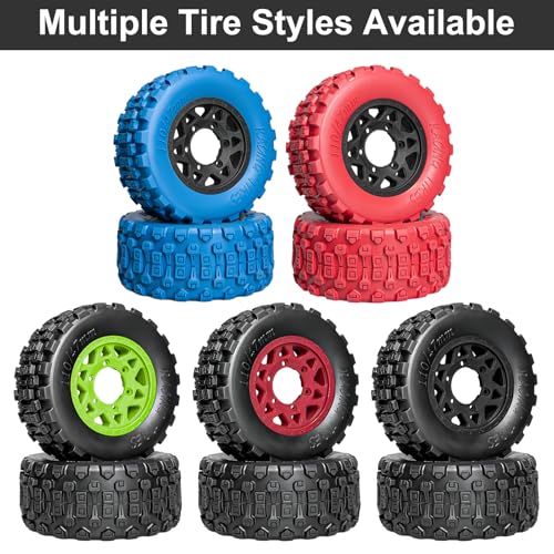 LRFHL 1/10 RC Short Course Truck Tires with 12mm 14mm 17mm Hex, 4PCS | Pre-Glued, RC Off-Road Short Truck Tires, for 1/8 1/10 Arrma Senton Traxxas Slash 2WD Axial Losi Redcat - color: Red Tires+ Black Wheels