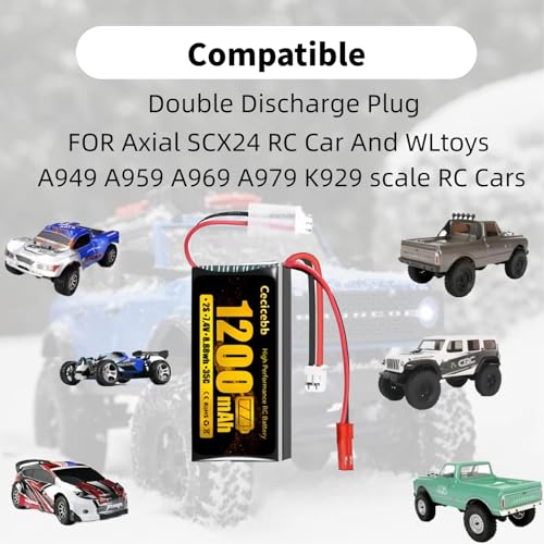 SCX24 Lipo Battery 7.4V 1200mAh Lipo Battery 2S 35C with PH2.0 & JST Plug for WLtoys A949 A959 A969 A979 K929 RC Truck and 1/10 1/16 1/18 1/24 RC Cars with USB Charger Cable