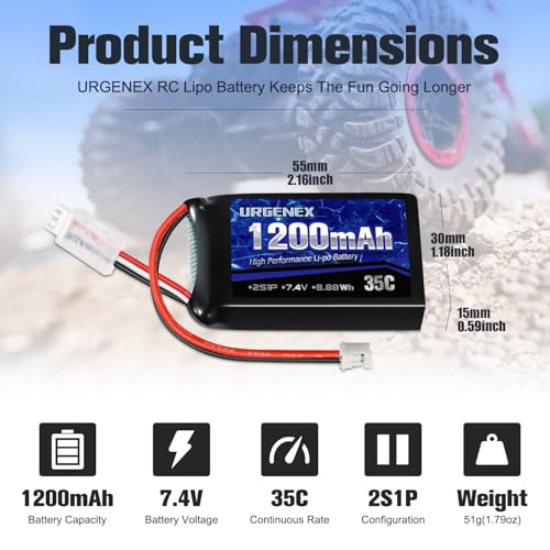 SCX24 Battery 7.4V Lipos 2S 35C(Burst 70C) 1200mAh Rechargeable Lithium Battery with PH2.0 Plug Compatible with Most 1/10, 1/16, 1/18, 1/24 Scale RC Cars Trucks