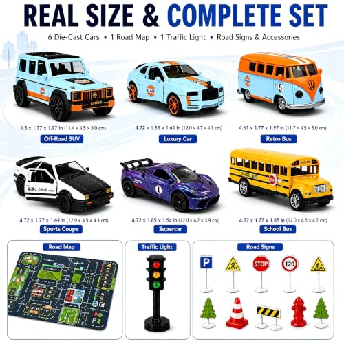 1:32 Alloy Pull Back Truck Toys for Kids, 6 Pack Die Cast Car Set with Road Map, Traffic Signs & Light, Toy Vehicle Playset, Birthday for Boys Girls Ages 3-8 - size: Alloy car 6-piece setpiece set