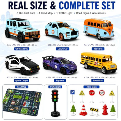 1:32 Alloy Pull Back Truck Toys for Kids, 6 Pack Die Cast Car Set with Road Map, Traffic Signs & Light, Toy Vehicle Playset, Birthday for Boys Girls Ages 3-8 - size: Alloy car 6-piece setpiece set