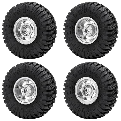 1.3inch Beadlock Wheel Hub Wheel Rim ＆ 70mm/2.76inch Crawler Tires | 4PCS Aluminum 1.3" Beadlock Wheels & Rubber Tires Set for 1/18 1/24 RC Crawler Car SCX24 TRX4M Upgrade Parts (Silver) - color: Silver