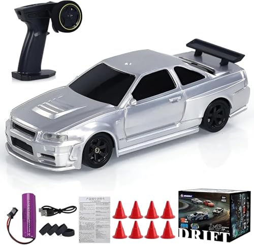 RC Drift Racing Cars, 1/43 Scale 4WD 2.4G Remote Control High Speed Racing Vehicle with Lights Kit, Mini Drift Car for Adults (RTR Version) - color: Silver
