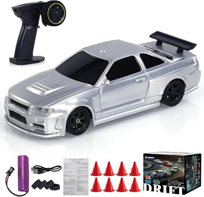 RC Drift Racing Cars, 1/43 Scale 4WD 2.4G Remote Control High Speed Racing Vehicle with Lights Kit, Mini Drift Car for Adults (RTR Version) - color: Silver