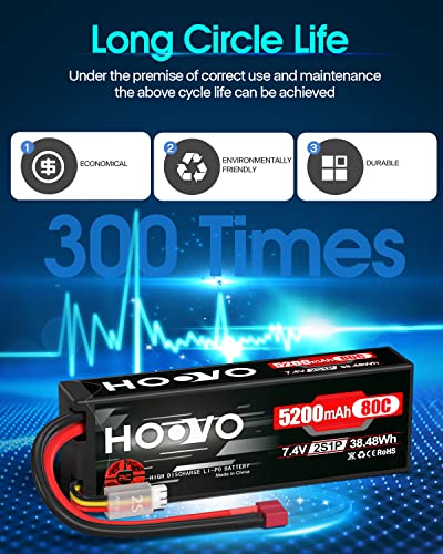 HOOVO 2S 7.4V 5200mAh 80C RC LiPo Battery Hard Case with T Connector 2 Pack | for RC Buggy Vehicles Car Boat Truck - style: 2S 5200mAh