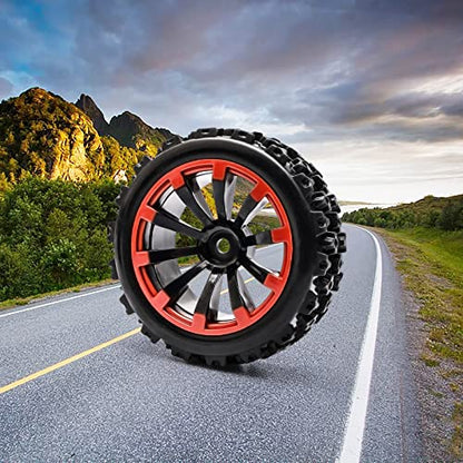 4PCS Tires and Wheels Sets for Various Remote-Controlled Cars - 1/10 1/14 Scale RC Crawler Car Upgrades - Black Red Rubber Beadlock Wheels & Rims with 12mm Hex - Enhanced Grip for Off-Road - color: Black & Red