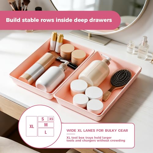 [6 PCS Extra-Large] Pink Drawer Organizer Trays with Non-Slip Pads, Interlocking Storage Bins for Vanity, Desk, Bathroom, Kitchen, Home Office and Utility Drawers - color: 6PCS PINK(XL)