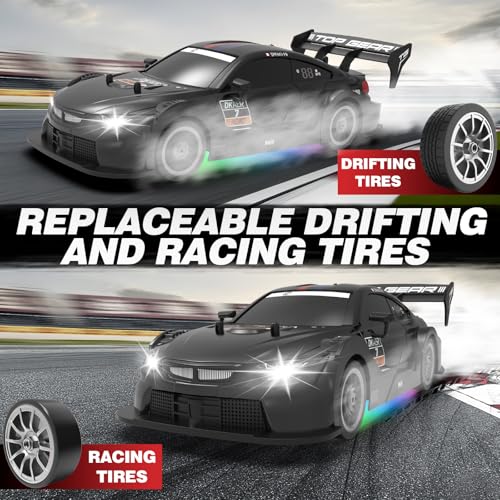 RC Drift Car 1:16, 2.4GHz 4WD Remote Control Car, 30+KM/H High Speed Drifting RC Cars with LED Lights Two Batteries and Drift Tires Racing Cars for Adults Boys Kids, Black - color: Black