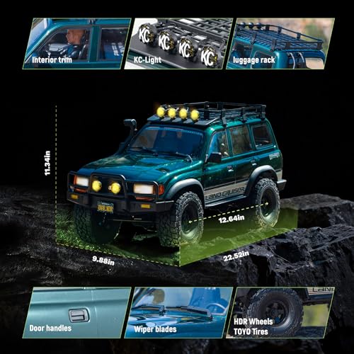 BEEZRC FMS FCX10 1/10 RC Crawler Toyota Licensed OVR Land Cruiser 80, HDR Wheel&Brushless Motor&LED Light, 4WD Off-Road RC Rock Truck, Hobby Grade Remote Control Car for Adults, RS No Battery Green - color: Green