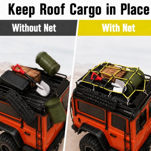 1:24 RC Roof Cargo Net with Hooks, 80x65mm Elastic Luggage Net for Axial SCX24 90081 AXI00002 AXI00001 AXI90081 C10 JLU Gladiator Bronco TRX4M 1/24 1/18 RC Crawler Scale Accessories, Yellow - color: Yellow