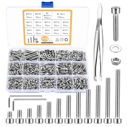 1110 Pcs M3 Small Metric Screws with Nuts, Hex Socket Head Cap and Nut Assortment Kits, Stainless Steel Replacement Machine Fastener Screws and Bolts Nuts (Silver 1110) - color: Silver 1100