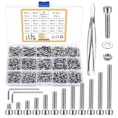 1110 Pcs M3 Small Metric Screws with Nuts, Hex Socket Head Cap and Nut Assortment Kits, Stainless Steel Replacement Machine Fastener Screws and Bolts Nuts (Silver 1110) - color: Silver 1100