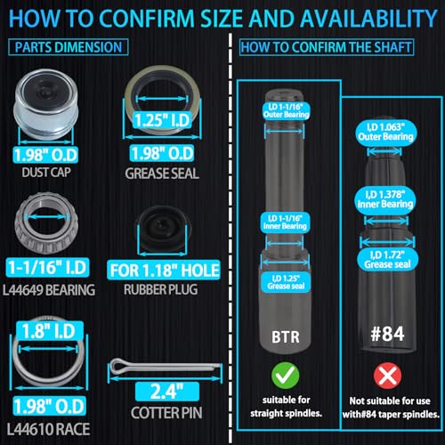 iBroPrat Trailer L44649 L44610 Bearing Kits for 1-1/16'' 2000-2200LB Axles | with 12192TB 1.25'' I.D Grease Seals, 1.98" Dust Covers and Rubber Plugs, Cotter Pins,Individually Packed