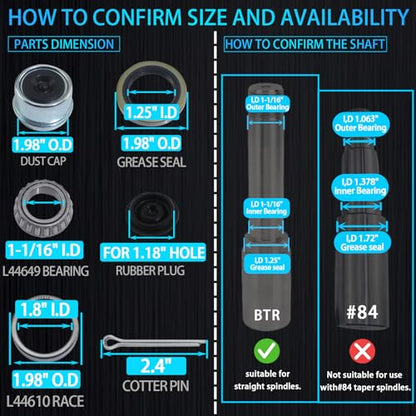 iBroPrat Trailer L44649 L44610 Bearing Kits for 1-1/16'' 2000-2200LB Axles | with 12192TB 1.25'' I.D Grease Seals, 1.98" Dust Covers and Rubber Plugs, Cotter Pins,Individually Packed