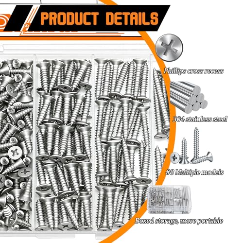 Dianrui 200 PCS 304 Stainless Steel Screws, #8 Wood Screws Assortment Kit, Phillips Drive Sheet Metal Screw Set Marine Grade Length 1/2" to 2" - size: 200PCS-SV