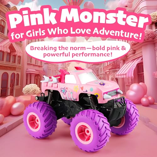 Threeking 1:16 Amphibious Monster Truck Pink Remote Control Car for Girls | Waterproof Durable 4WD Off-Road RC Crawler Cars Pick-Up Unique Toys Gifts for Ages 6-12 - color: Pink