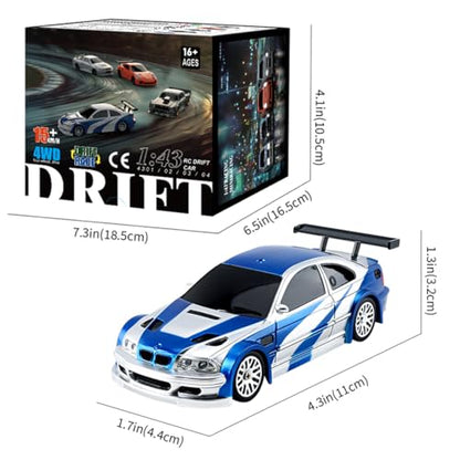 1/43 Scale RC Drift Car, 2.4GHz Full Proportional Mini Racing Car with Lights, 4WD Electric RTR Remote Control Car, Includes Drift & Racing Tires, Traffic Cones, USB Charger,（Gyro/Black & White） - color: Blue & White, size: Gyro Version