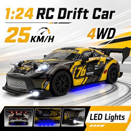 HTURCCOP 1:24 RC Drift 2.4GHz with LED Light, Race Car Toys for Boy Girl 8-12 Years Old, Speed Adjustable 25Km/H,High Speed RC Racing Cars Perfect Toy Gift for Boys & Girls (Yellow) - color: Yellow