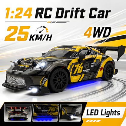 HTURCCOP 1:24 RC Drift 2.4GHz with LED Light, Race Car Toys for Boy Girl 8-12 Years Old, Speed Adjustable 25Km/H,High Speed RC Racing Cars Perfect Toy Gift for Boys & Girls (Yellow) - color: Yellow