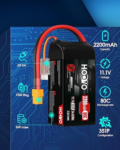 HOOVO 3S Lipo Battery, 2200mAh 80C 11.1V Shorty Lipo Battery Pack XT60 Plug | 2 Pack, Softcase, compatible with Drone RC Airplane Helicopter Quadcopter FPV RC Car - style: 3S 2200mAh 80C-XT60