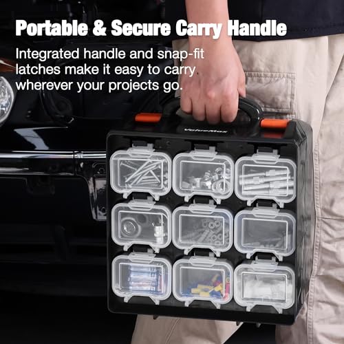 ValueMax Small Parts Organizer Box, Double-Sided Tool Box with 18 Removable Bins, Portable Screw & Parts Storage Case for Nuts, Bolts, and Hardware