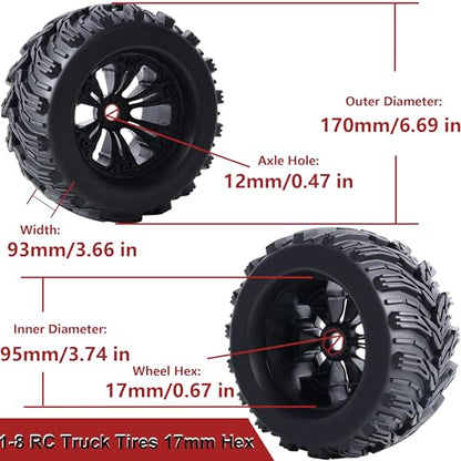 Preglued Larger 17mm Hex 1/8 RC Truck Wheels Tires 3.8“ RC Monster Truck Tyres for 1/8 Summit ERveo 1/8 Arrma 6S Kraton Outcast Notorious 1/7 6S Big Rock Redcat HPI 1/8 Savage JLB Cheetah - style: Directional Tread