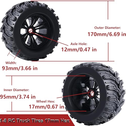 Preglued Larger 17mm Hex 1/8 RC Truck Wheels Tires 3.8“ RC Monster Truck Tyres for 1/8 Summit ERveo 1/8 Arrma 6S Kraton Outcast Notorious 1/7 6S Big Rock Redcat HPI 1/8 Savage JLB Cheetah - style: Directional Tread