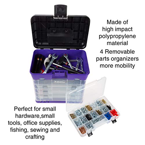 Storage and Tool Box-Durable Organizer Utility Box-4 Drawers with 19 Compartments Each for Hardware, Fish Tackle, Beads, and More by Stalwart (Purple) | With Drawers and Customizable Compartments for Hardware, Fishing Tackle Box, Beads, or Craft Supplies