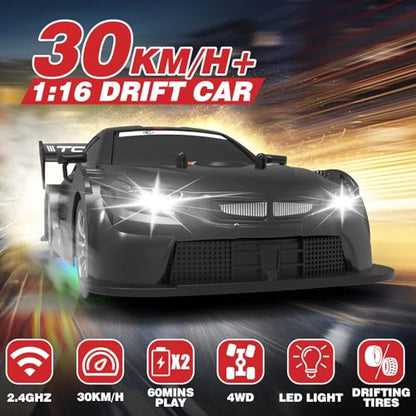 RC Drift Car 1:16, 2.4GHz 4WD Remote Control Car, 30+KM/H High Speed Drifting RC Cars with LED Lights Two Batteries and Drift Tires Racing Cars for Adults Boys Kids, Black - color: Black