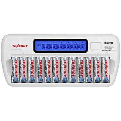 Tenergy TN160 12-Bay LCD NiMH/NiCD AAA/AA Battery Charger + 12 AA Premium NiMH Rechargeable Batteries - size: Charger + 12 Pack Premium AA