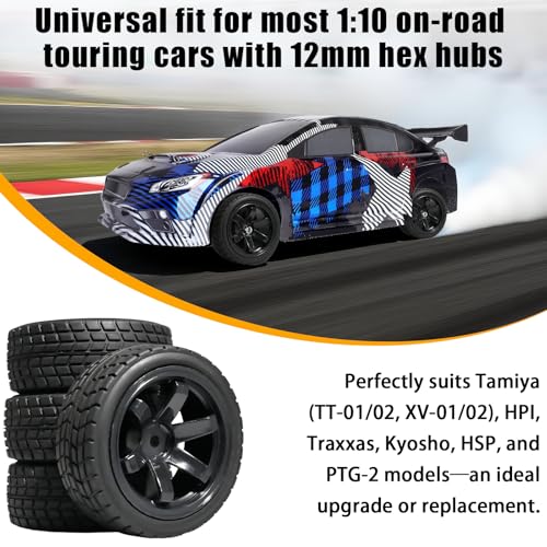 OD 2.65" On Road Rubber Tires Plastic Wheel Rims 12mm Hex for 1/10 RC Car | Compatible with MJX HSP Tamiya HPI Kyosho Traxxas Sakura Redcat WLtoys 1/10 RC On-Road Racing Touring Car (4pcs, Black) - style: C-Black