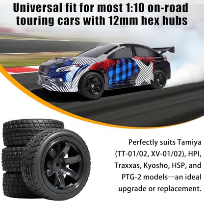 OD 2.65" On Road Rubber Tires Plastic Wheel Rims 12mm Hex for 1/10 RC Car | Compatible with MJX HSP Tamiya HPI Kyosho Traxxas Sakura Redcat WLtoys 1/10 RC On-Road Racing Touring Car (4pcs, Black) - style: C-Black