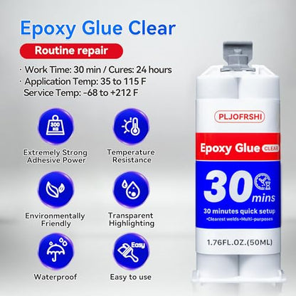 Clear AB Epoxy Glue, 30-Min Waterproof Multipurpose Repair Adhesive 1.76oz | Clear epoxy bonds metal, plastics, PVC, wood, ceramic & fiberglass; ideal for tile, pipe, fishing rod & golf club repair