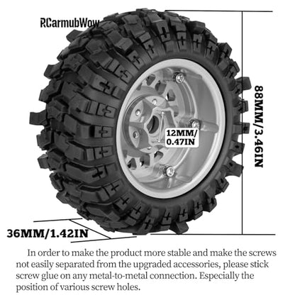 1.9 Beadlock Wheel & Tire Set, 88x36mm Rubber Crawler Tires Aluminum Alloy 1.9 Inch Beadlock Rims Compatible with 1/12 M-J-X H12Y H12Y+ H12P, MN-128 RC Climbing Car,Silver w/Navy Blue - color: Silver W/Navy Blue