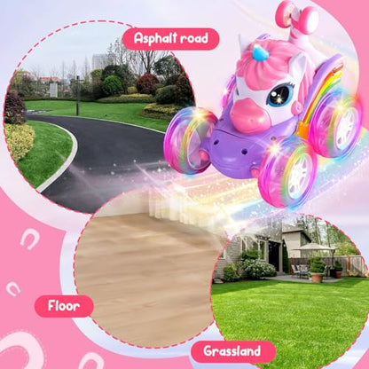Remote Control Car Unicorn for Girls 360° Rotating 4WD Stunt RC Cars with Cute Cool LED Lights, 2.4GHz Toy Car USB Direct Charging RC Cars Birthday Gifts for Kids Girl Age 3-6 7-9 (Small) - style: Small
